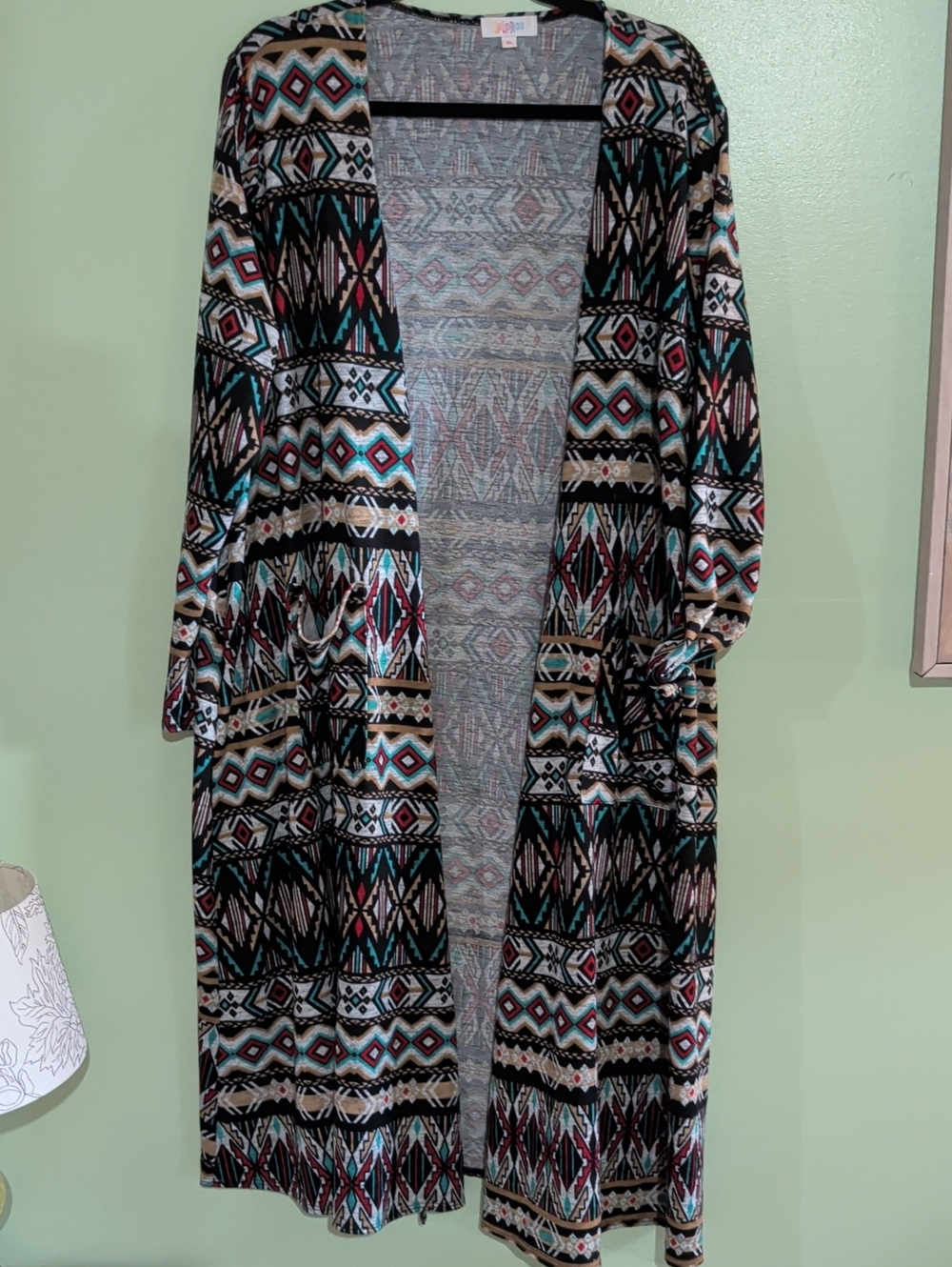 LuLaRoe Sarah Heathered Gray Open Cardigan with Teal, Burgundy and Black Accents